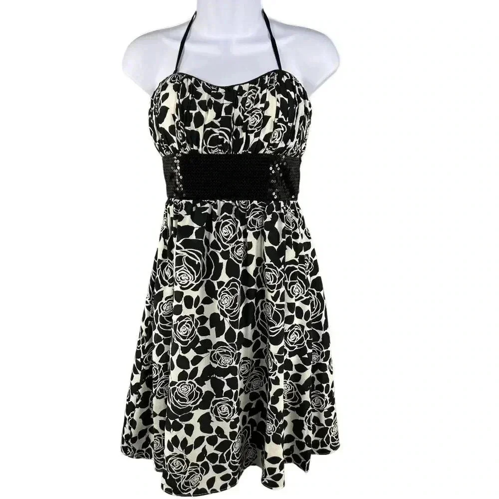 White House Black Market Women 6 100% Silk Chiffon Black Rose Sequin Waist Dress